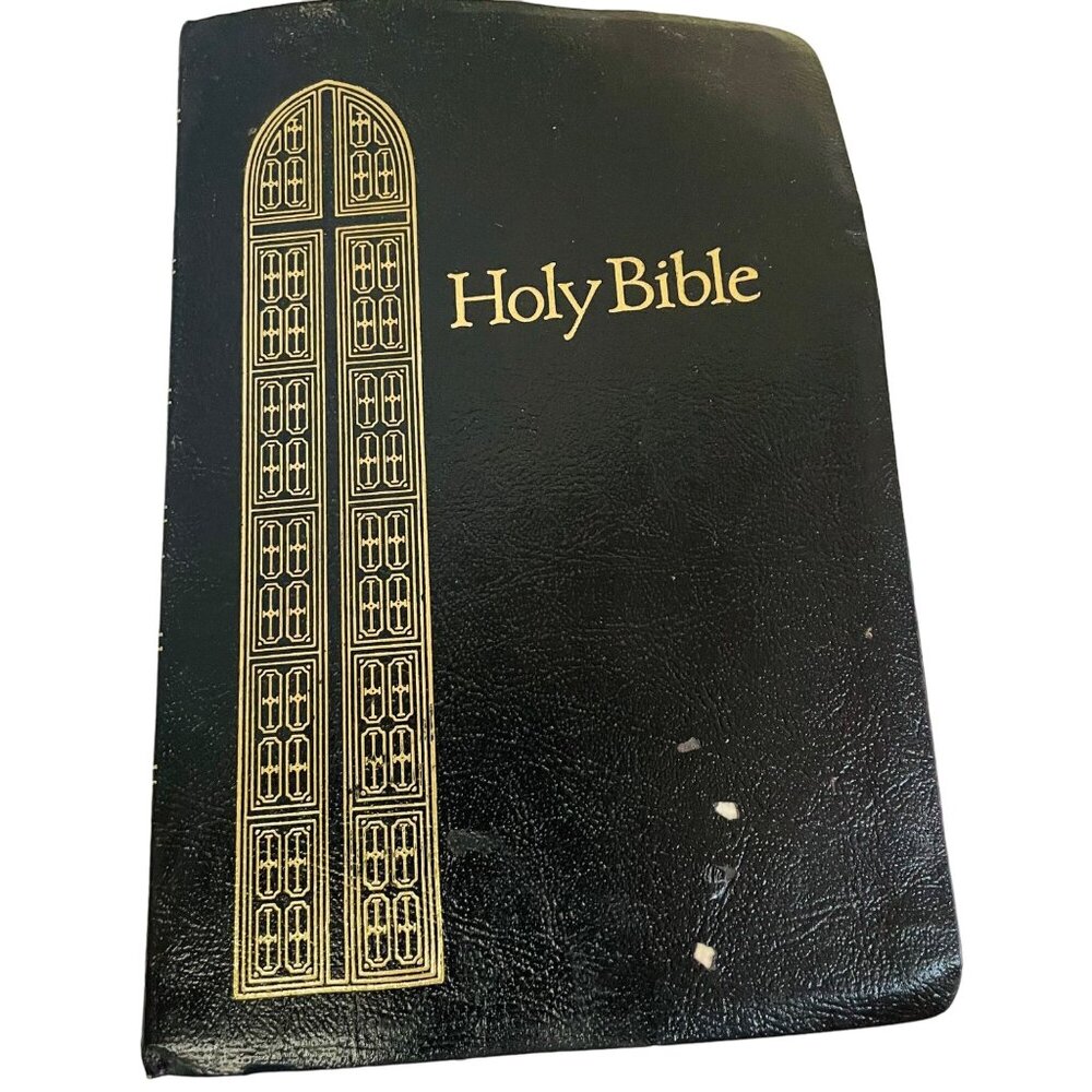 Holy Bible Large Print Black Pleather Cover Gold Gilded Edges 9 1/2x 2" x 6 1/2"